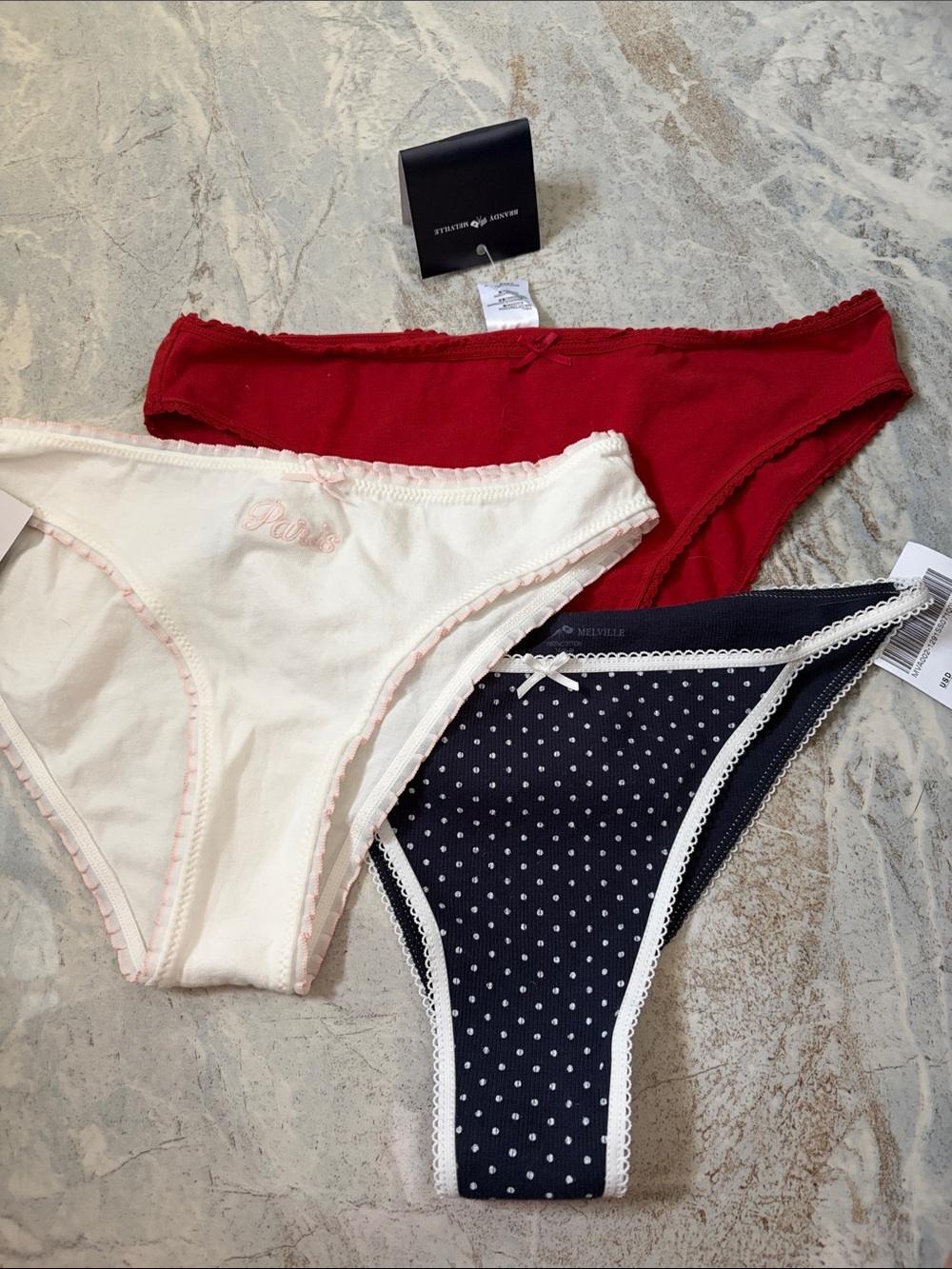 BNWT lot of 3 Brandy Melville undies Red, White Paris embroired ,Navy Polka Dot